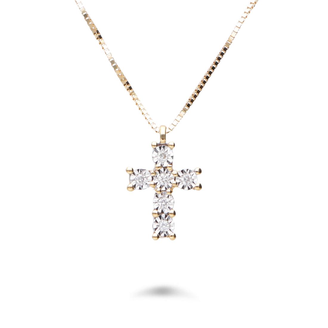 Yellow gold necklace with cross with diamonds ct. 0.03 - ORO&CO