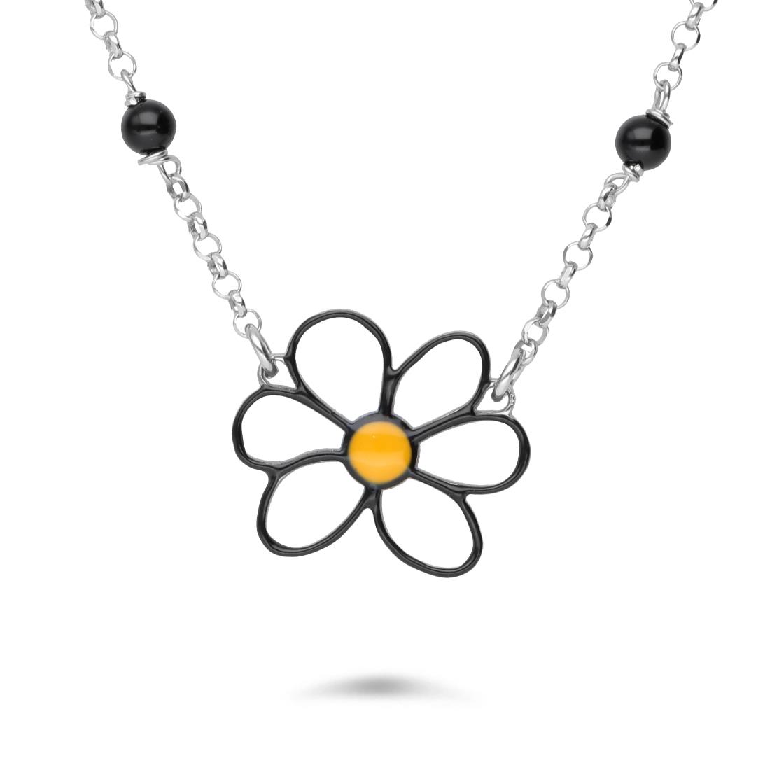 Collana in argento con margherita petali neri - GURU