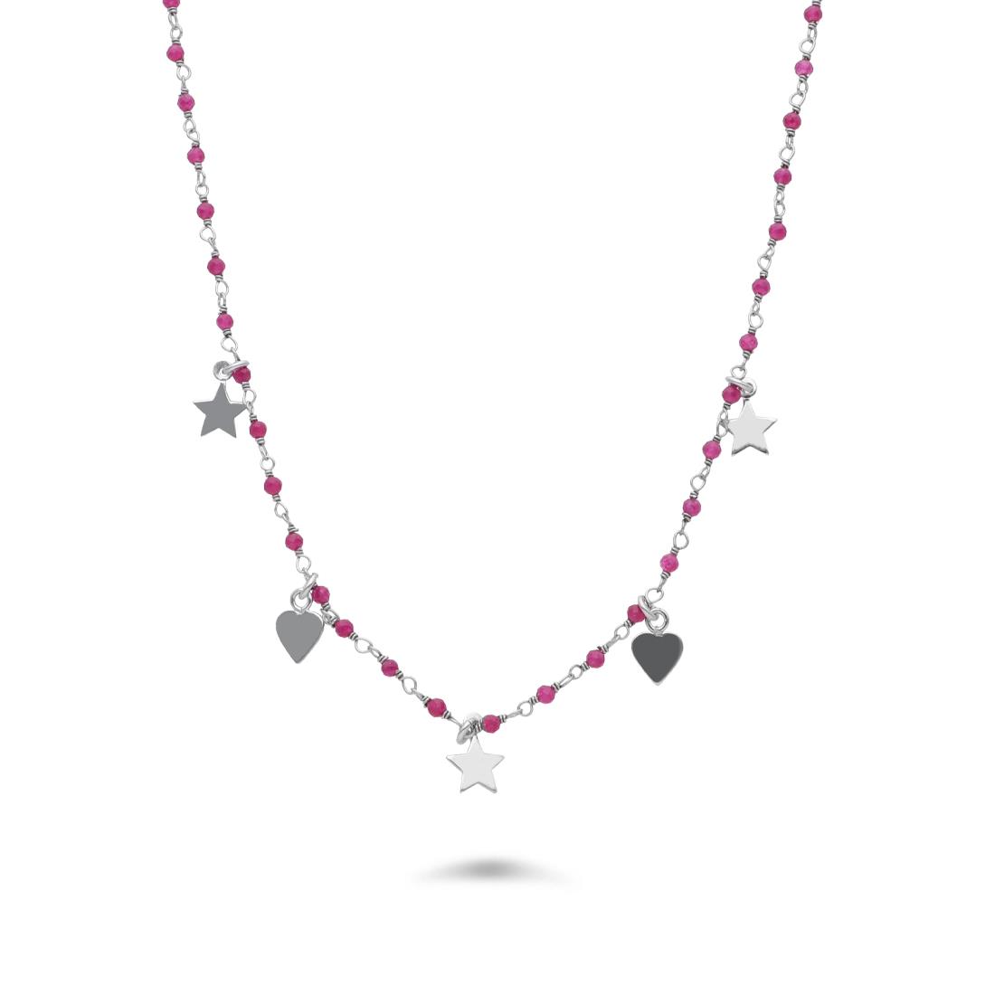 Silver necklace with fuchsia stones and pendants - ORO&CO 925