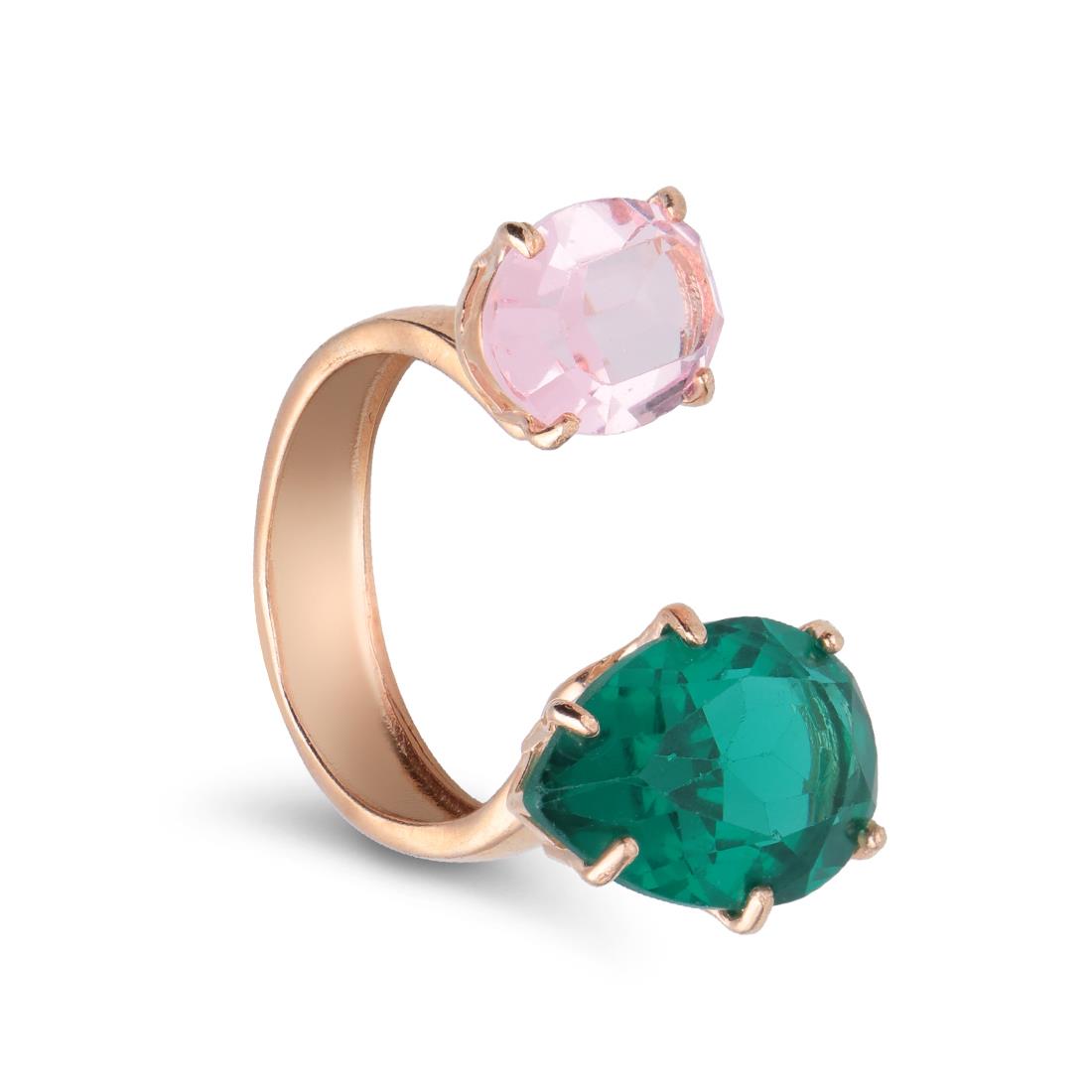 Anello contrariè aperto in argento rosato con pietre verde e rosa - ORO&CO 925