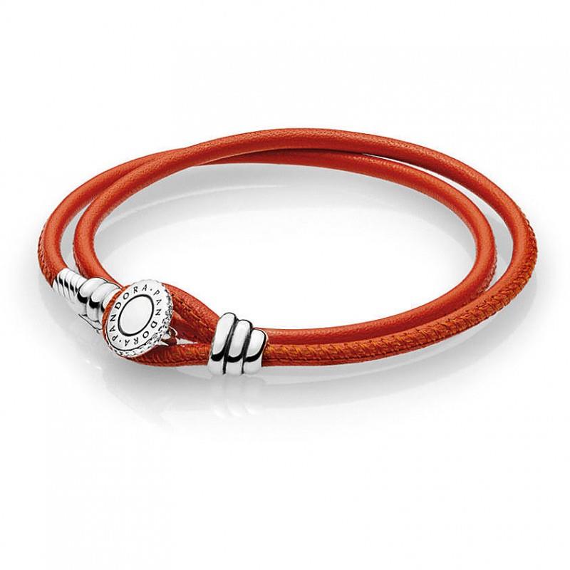 Double wrap bracelet in orange and silver leather - PANDORA