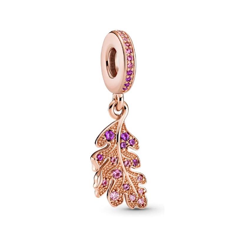 Moments pendant charm in 14kt rose gold plated metal alloy with pink and purple zircon leaf - PANDORA