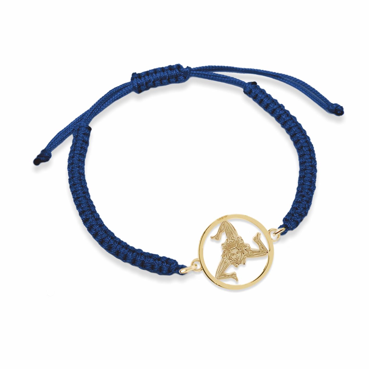 Bracciale in nylon color blu con simbolo della Trinacria racchiusa nel cerchio in argento dorato - MY SICILY