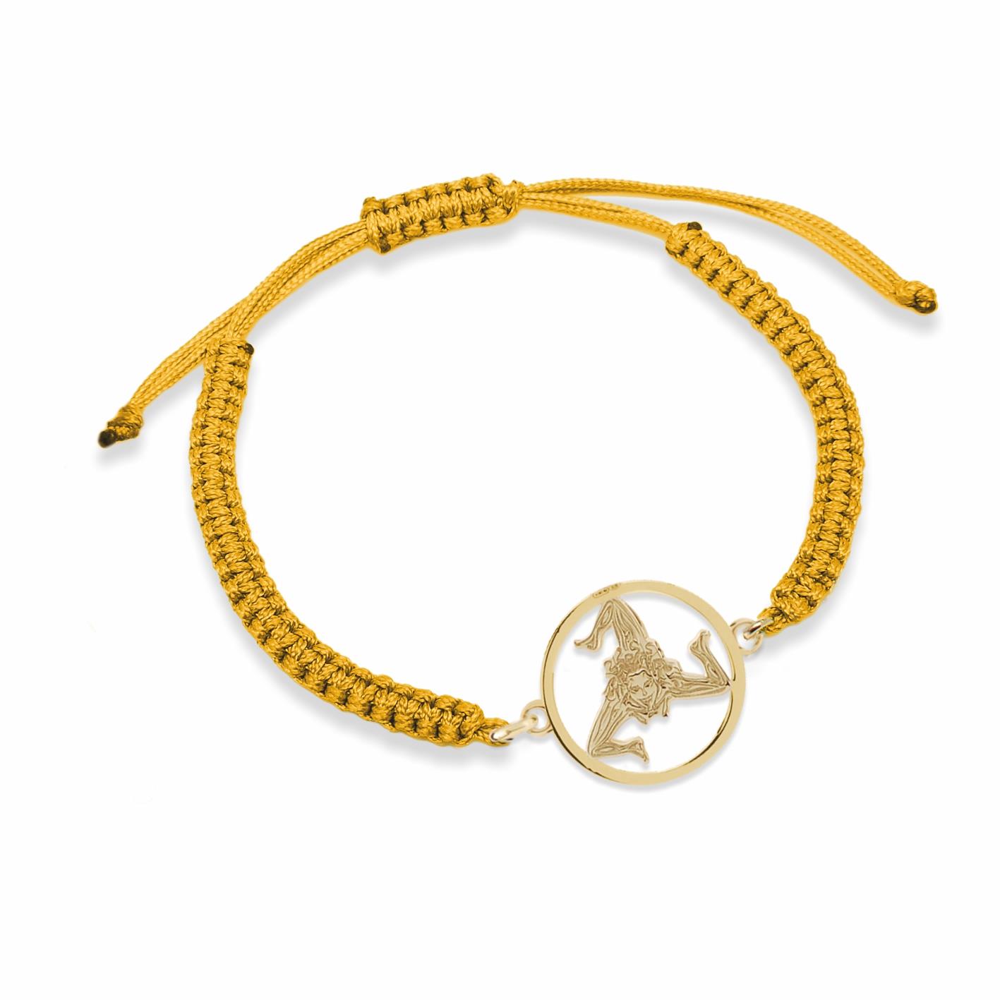 Mustard-colored nylon bracelet with the Trinacria symbol enclosed in the golden silver circle - MY SICILY