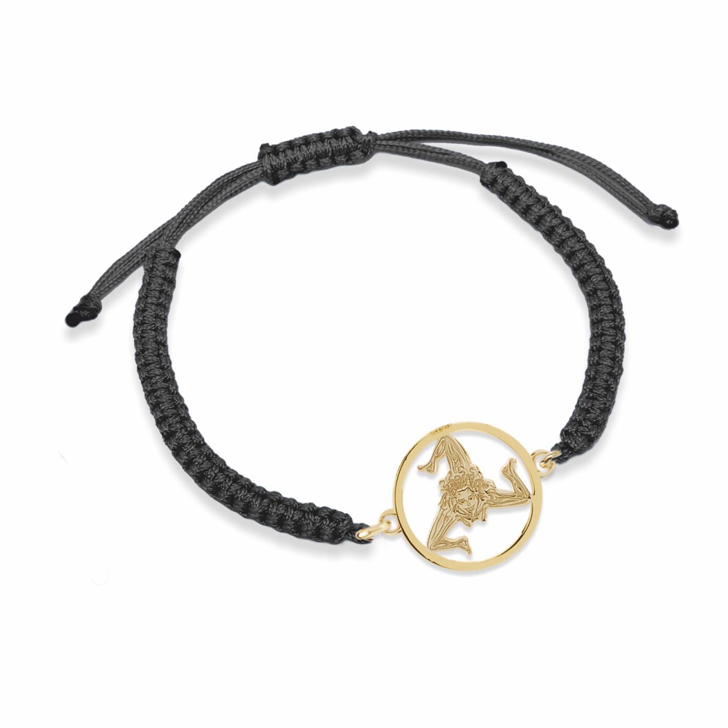 Black nylon bracelet with the Trinacria symbol enclosed in the golden silver circle - MY SICILY