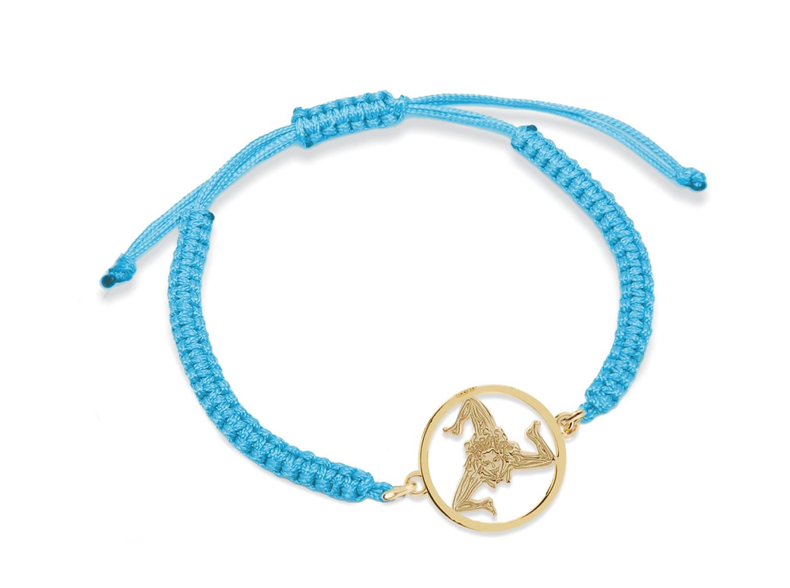 Light blue nylon bracelet with the Trinacria symbol enclosed in the golden silver circle - MY SICILY