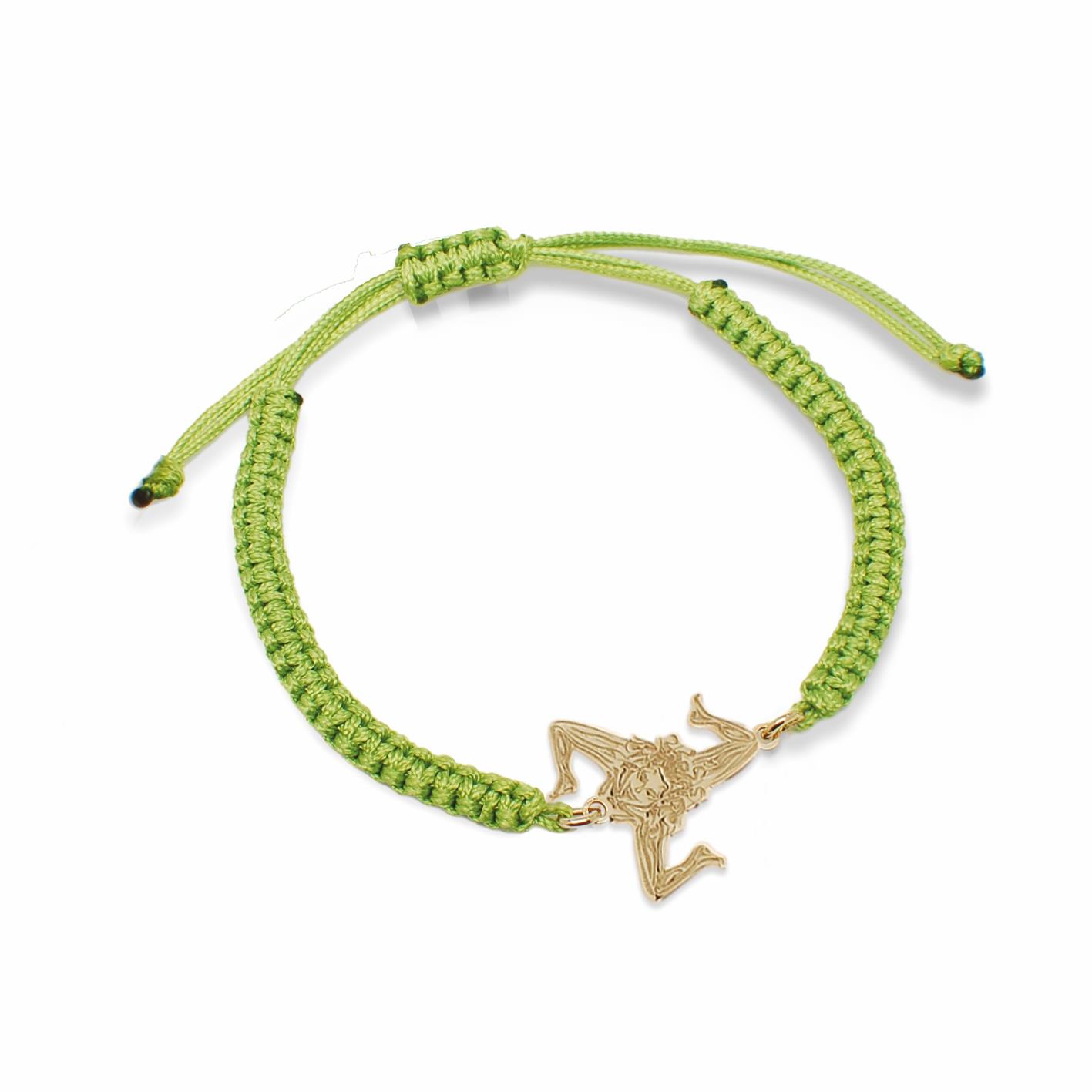 Green nylon bracelet and Trinacria symbol in golden silver - MY SICILY