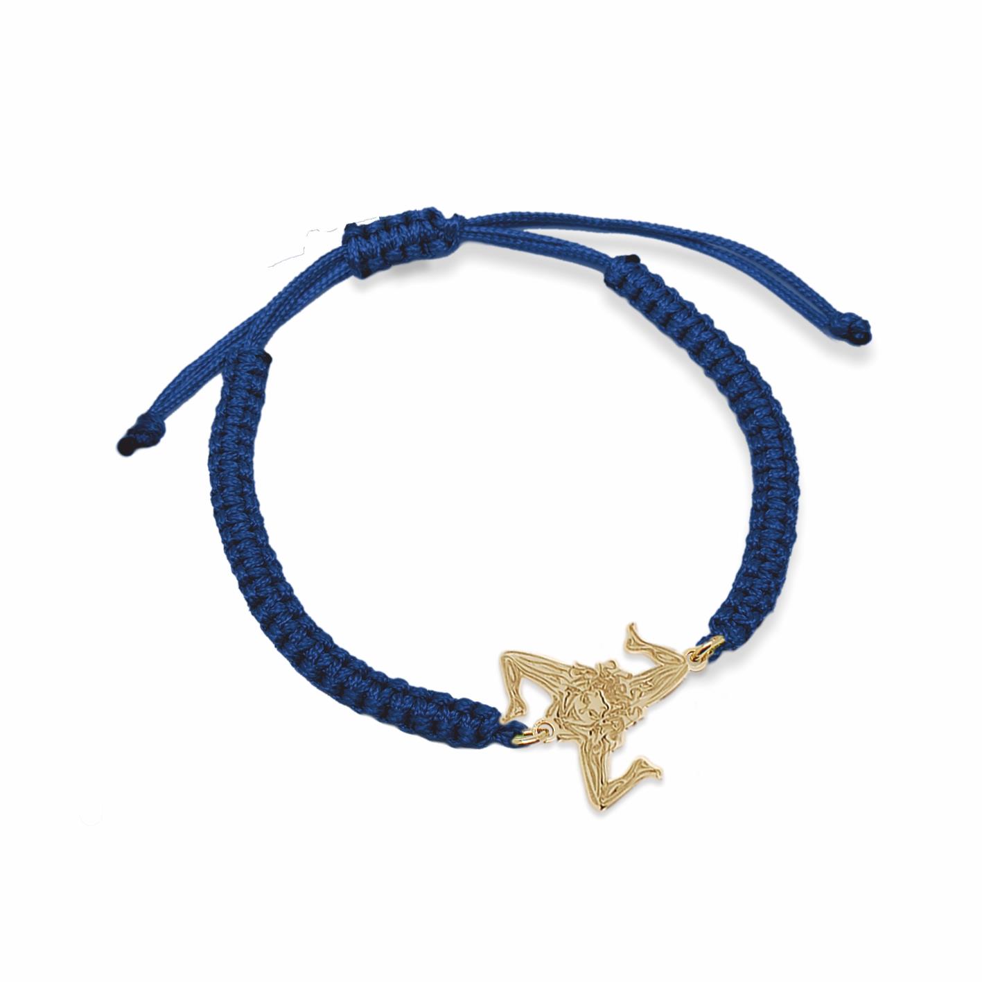 Bracciale in nylon color blu e simbolo della Trinacria in argento dorato - MY SICILY