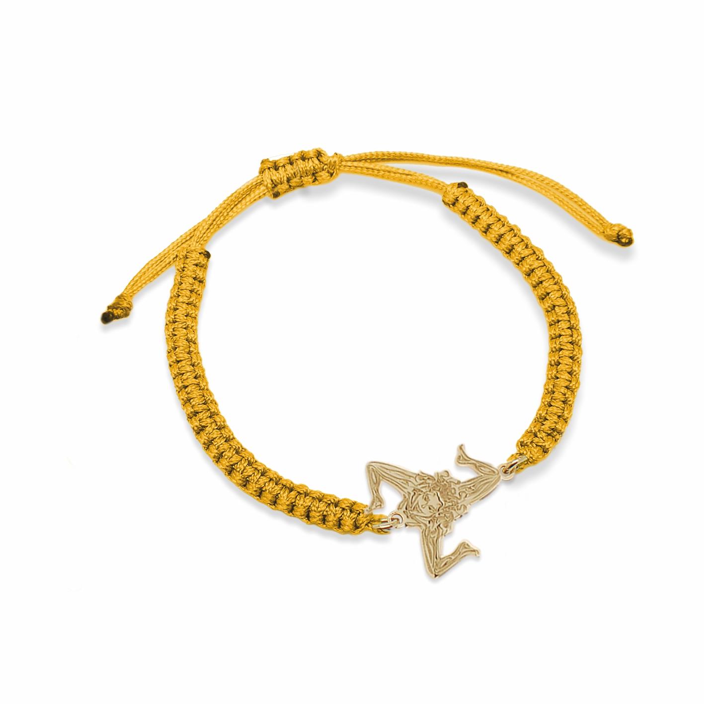 Bracciale in nylon color senape e simbolo della Trinacria in argento dorato - MY SICILY