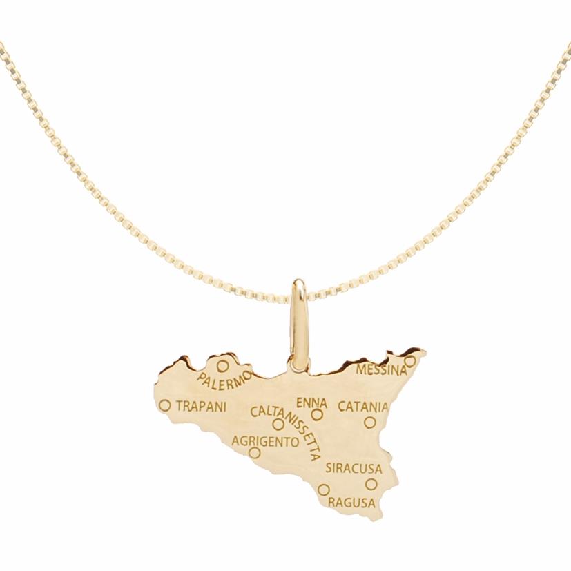 Collana in argento dorato con pendente simbolo della Sicilia e province incise - MY SICILY