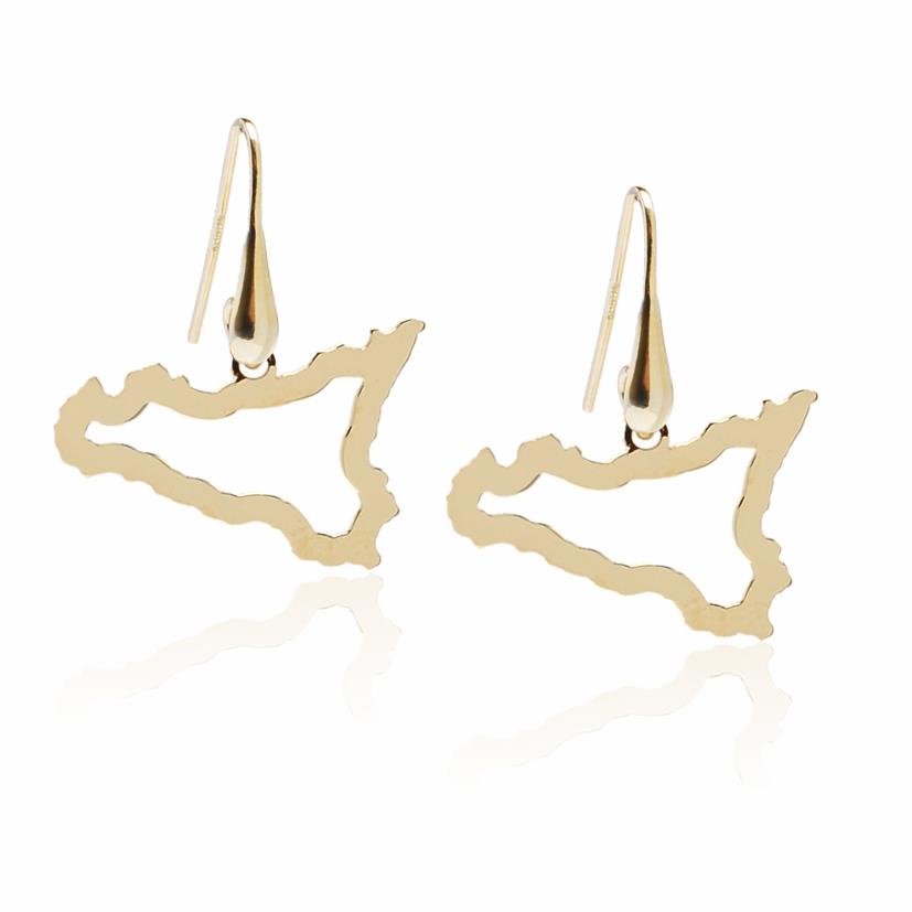 Golden silver pendant earrings with the shape of Sicily - MY SICILY