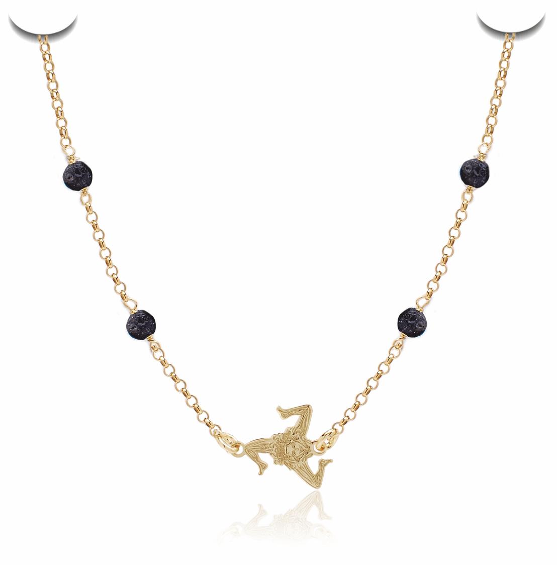Necklace in gilded silver with lava stone and pendant symbol of Trinacria - MY SICILY