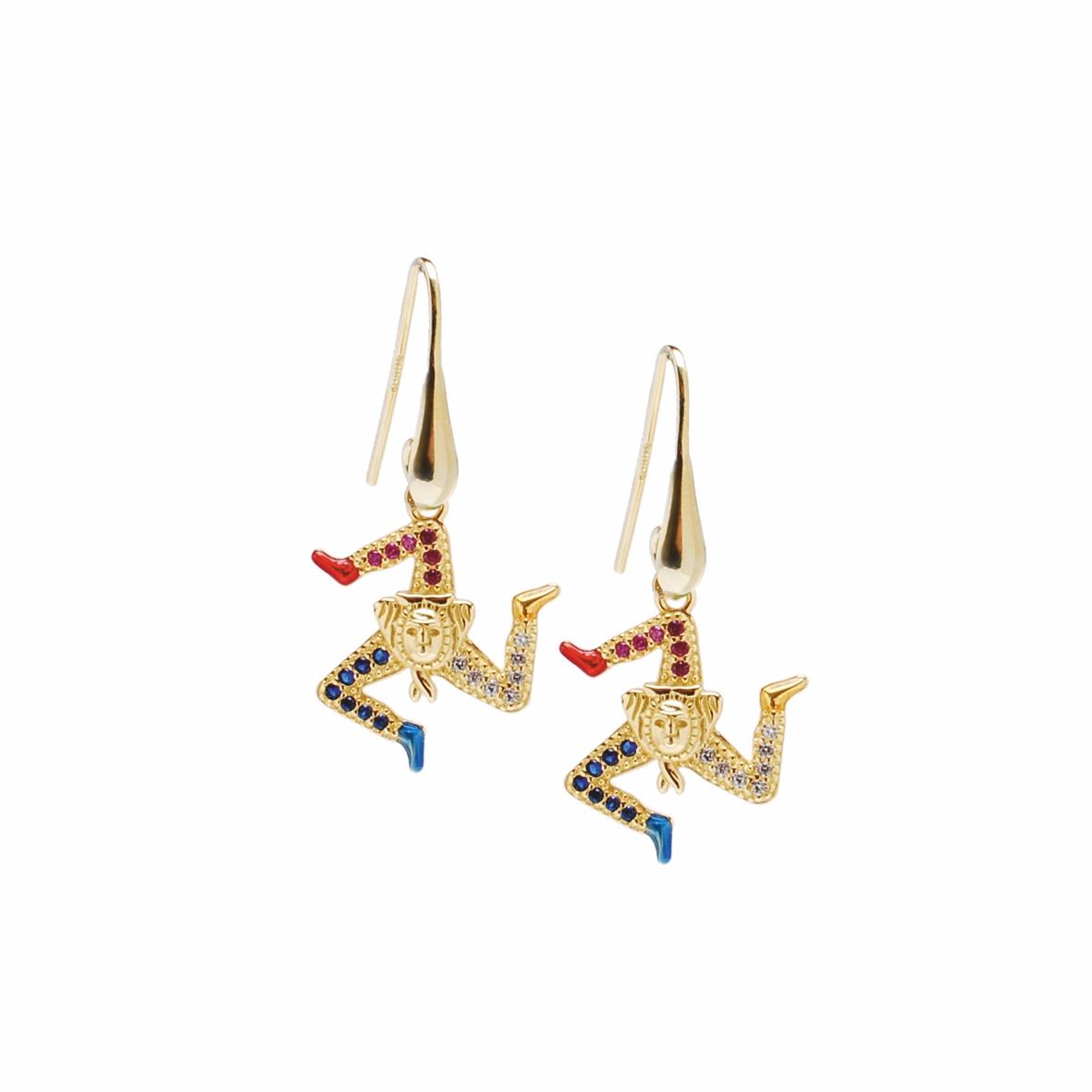 Golden silver pendant earrings with the Trinacria symbol and white, blue and red zircons - MY SICILY