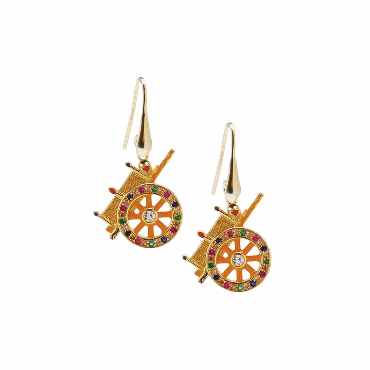 Dangle earrings in gilded silver with Sicilian cart symbol pendant with enamel and colored zircons - MY SICILY