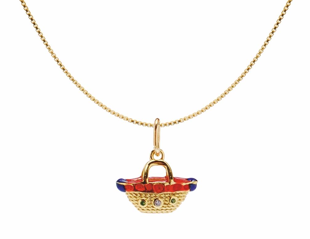 Collana in argento dorato con pendente simbolo Coffa con smalto rosso e blu e zircone bianco e verdi - MY SICILY