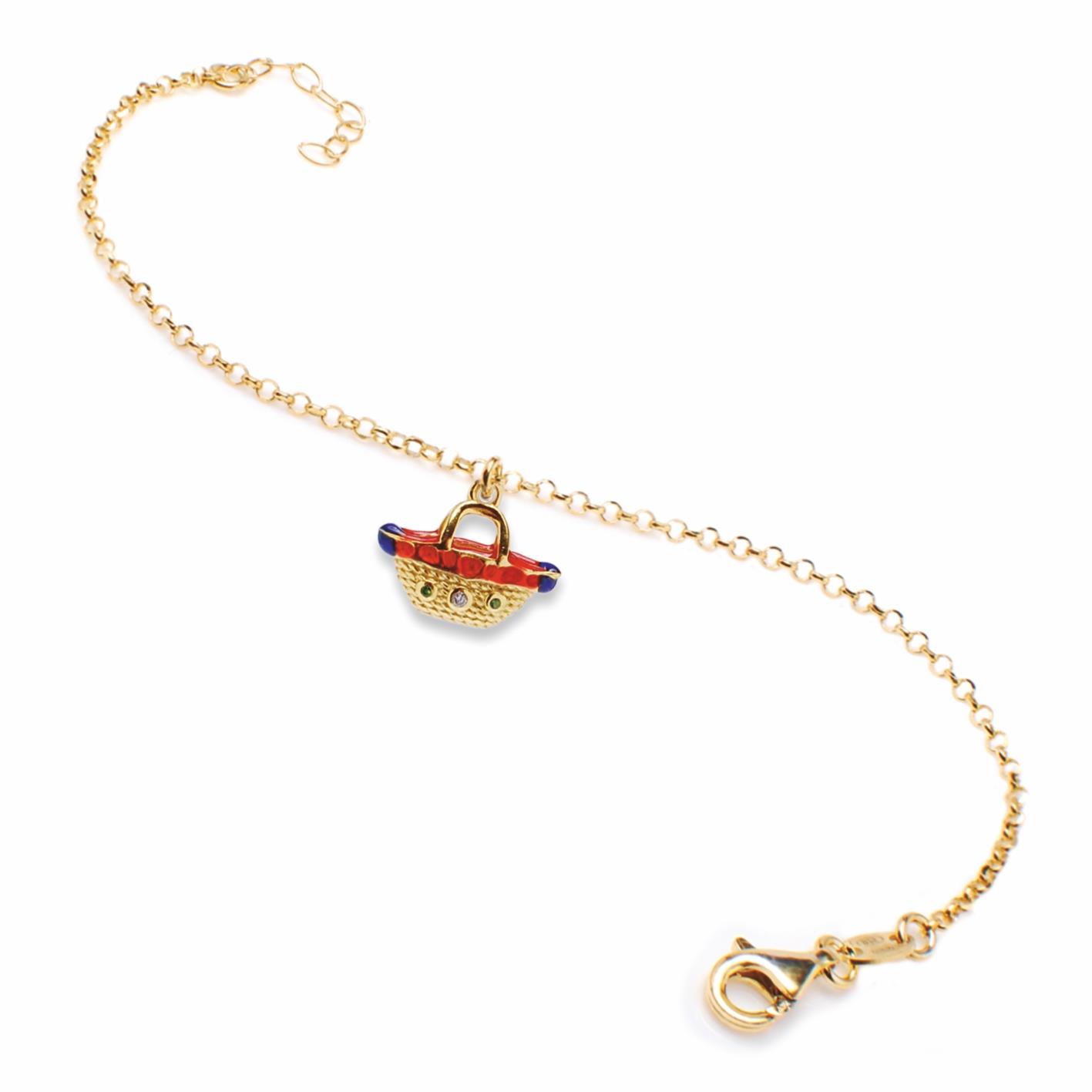 Golden silver bracelet with Coffa symbol pendant with red and blue enamel and white and green zircon - MY SICILY