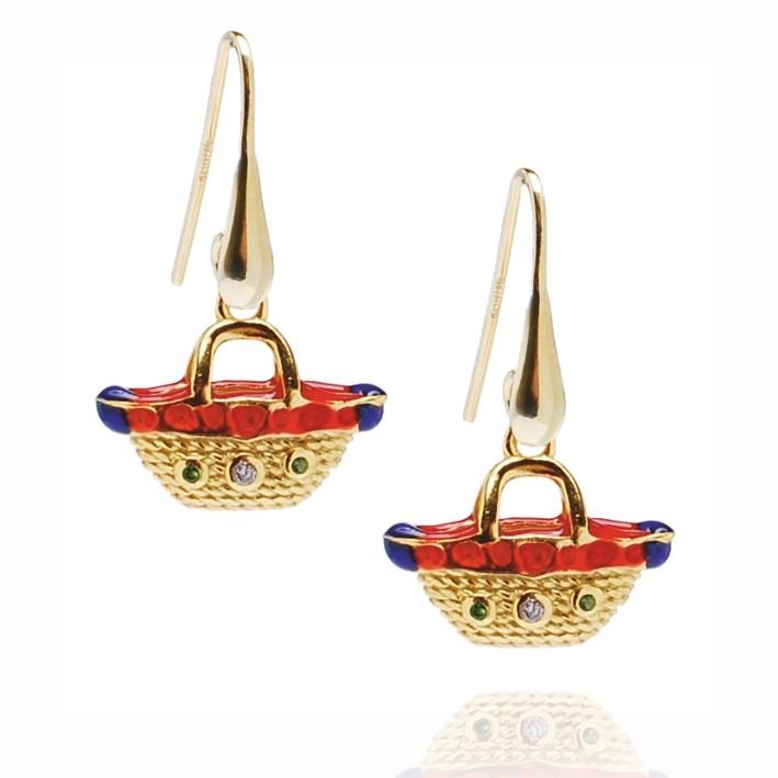 Orecchini pendenti in argento dorato con pendente simbolo Coffa con smalto rosso e blu e zircone bianco e verdi - MY SICILY