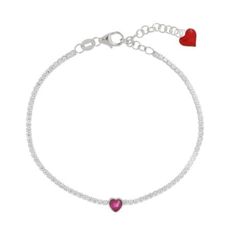 Ice Kiss mini tennis bracelet in rhodium-plated silver with zircons and ruby in the centre - CUORI MILANO
