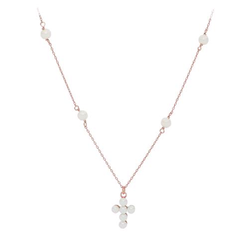 Collar Cruz Cosmic Perle en plata rosa con colgante cruz de perlas - CUORI MILANO