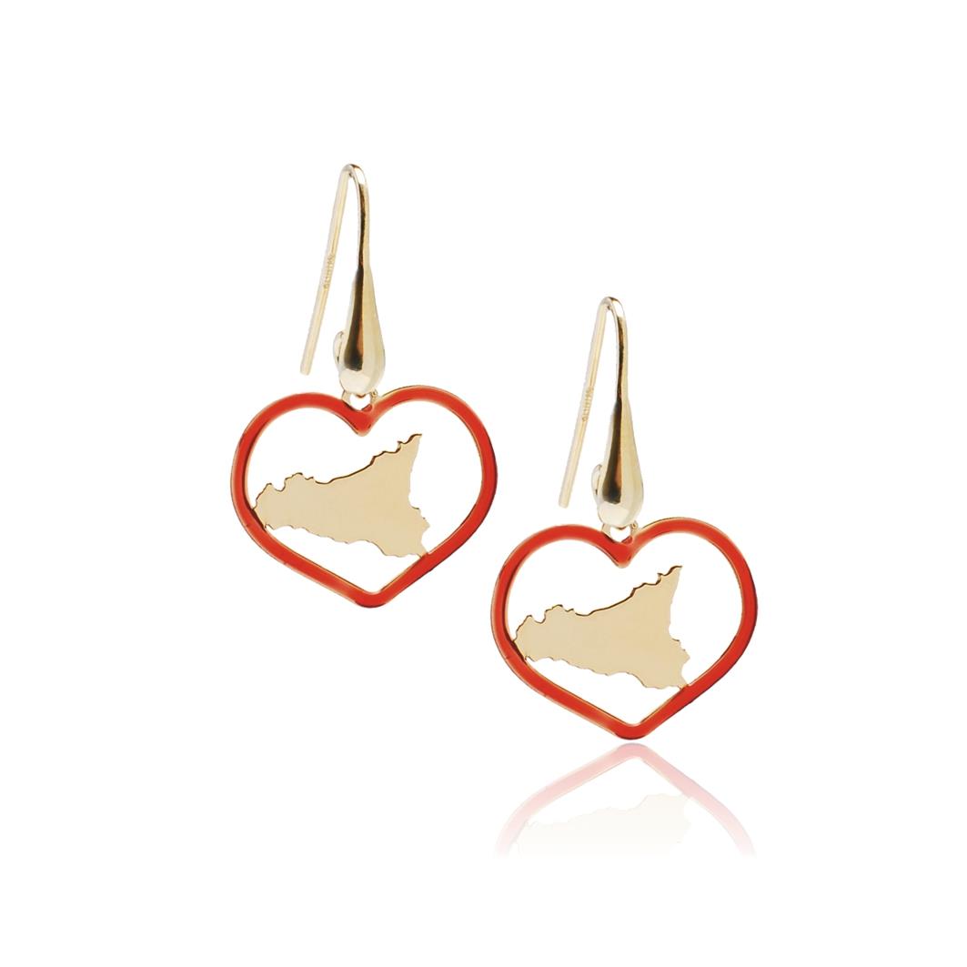 Golden silver pendant earrings with the symbol of Sicily enclosed in a heart - MY SICILY