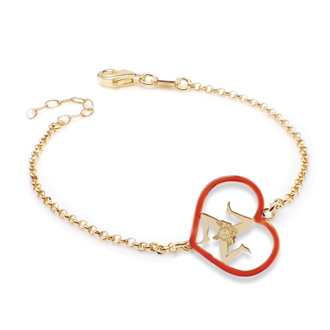 Golden silver bracelet with Trinacria symbol pendant enclosed in a heart - MY SICILY