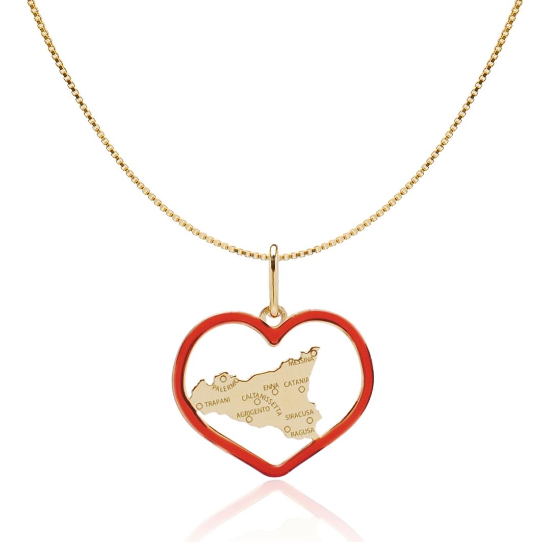 Collana in argento dorato con pendente simbolo della Sicilia con scritte Province racchiuso in un cuore - MY SICILY