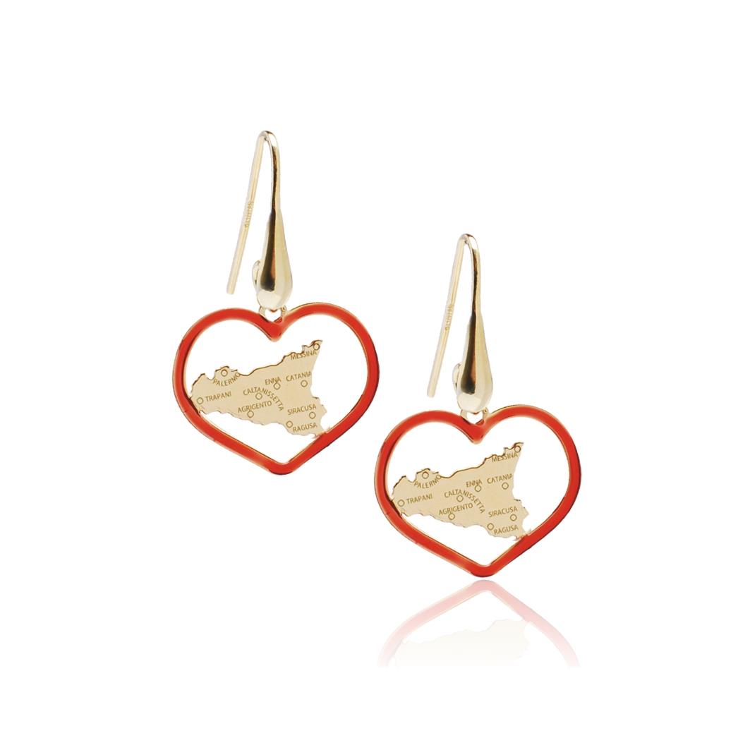 Golden silver pendant earrings with the symbol of Sicily with Povince writing enclosed in a heart - MY SICILY