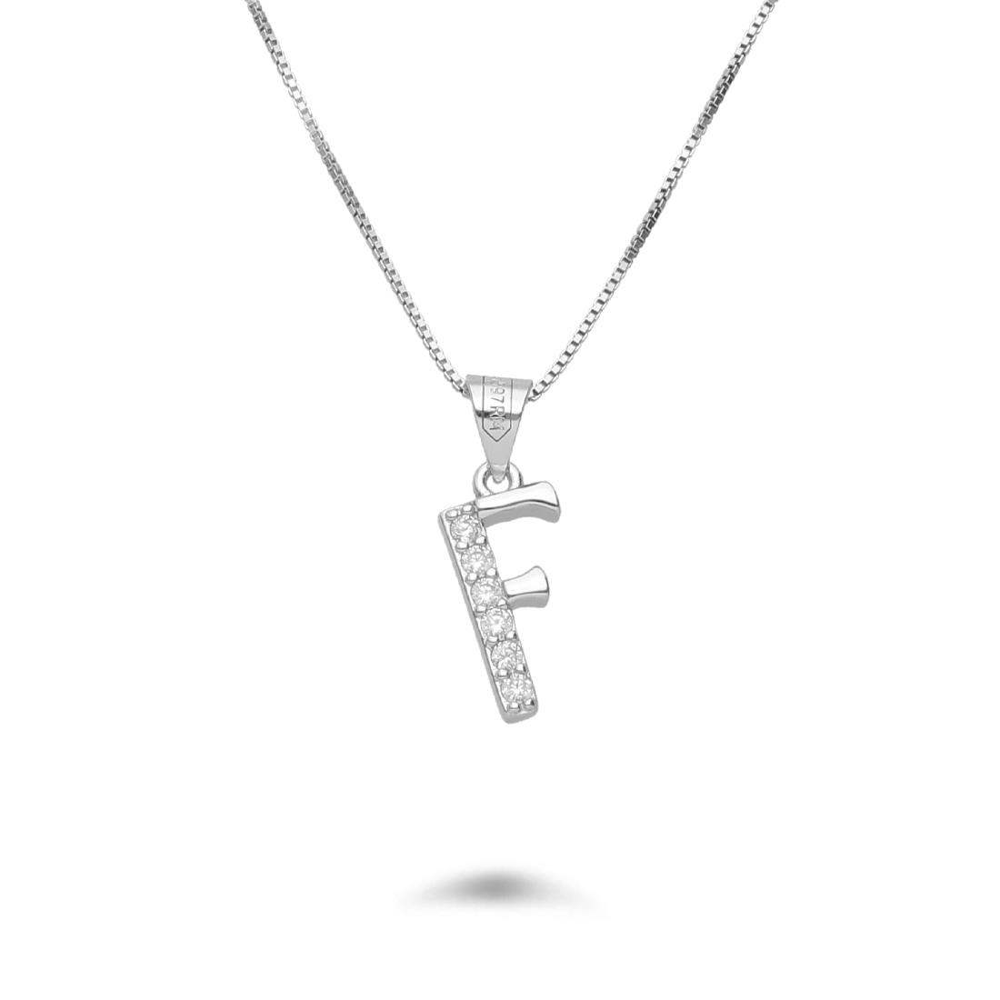 Necklace with letter F in rhodium-plated silver with zircons - DESIDERI PREZIOSI