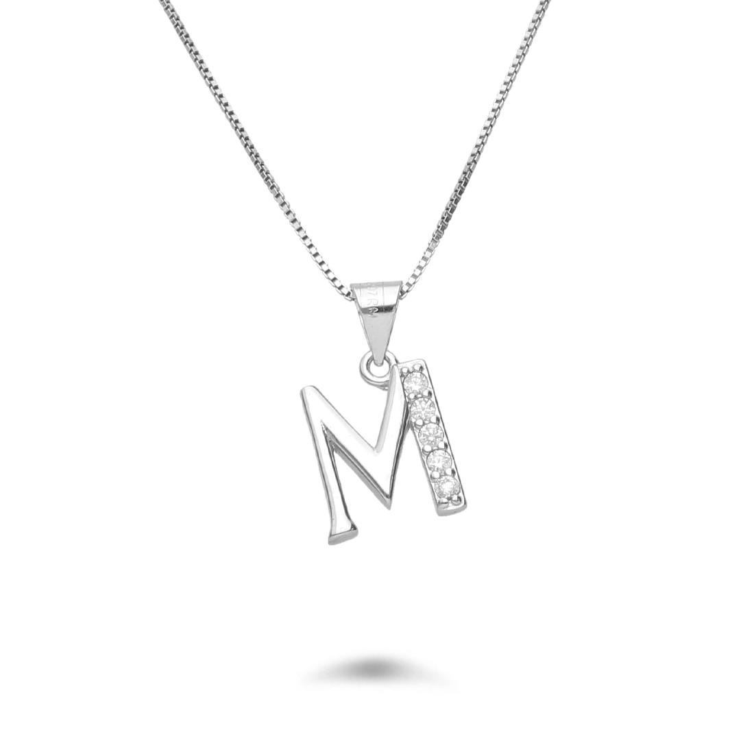 Necklace with letter M in rhodium-plated silver with zircons - DESIDERI PREZIOSI