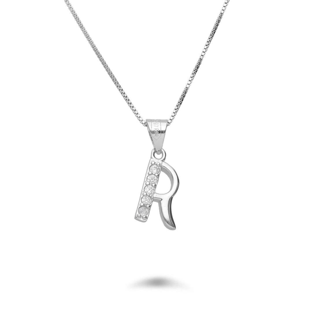 Necklace with letter R in rhodium-plated silver with zircons - DESIDERI PREZIOSI
