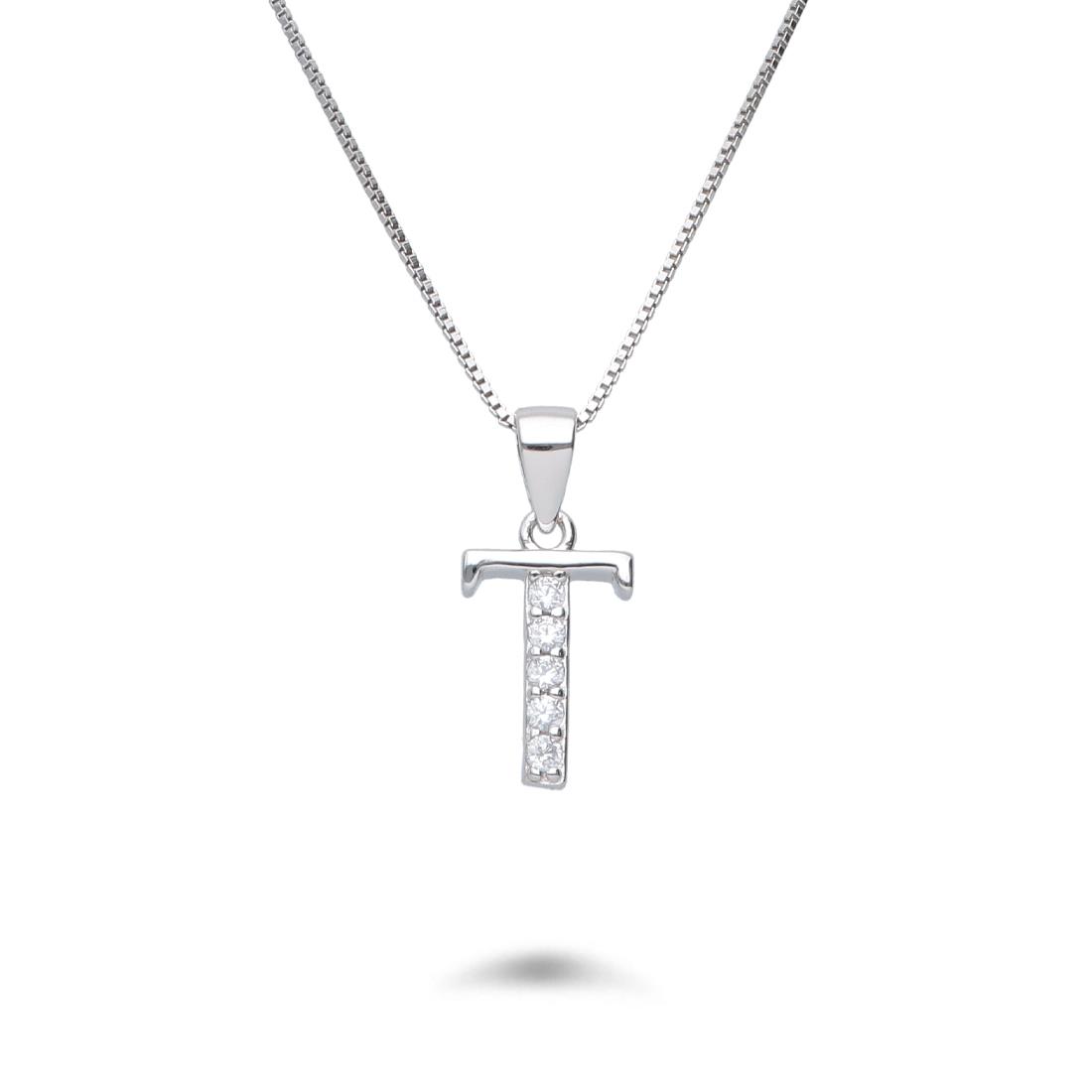 Necklace with letter T in rhodium-plated silver with zircons - DESIDERI PREZIOSI