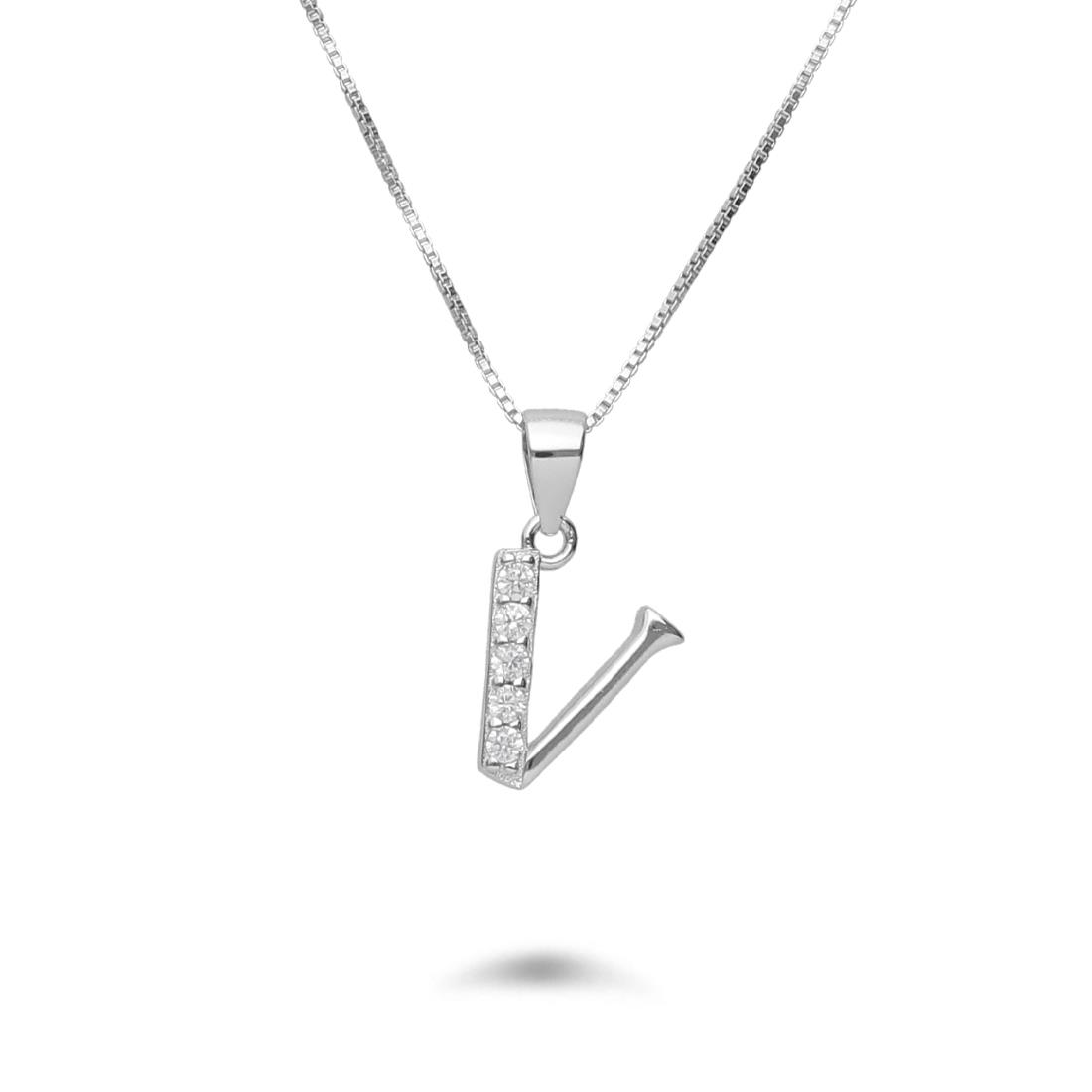 Necklace with letter V in rhodium-plated silver with zircons - DESIDERI PREZIOSI