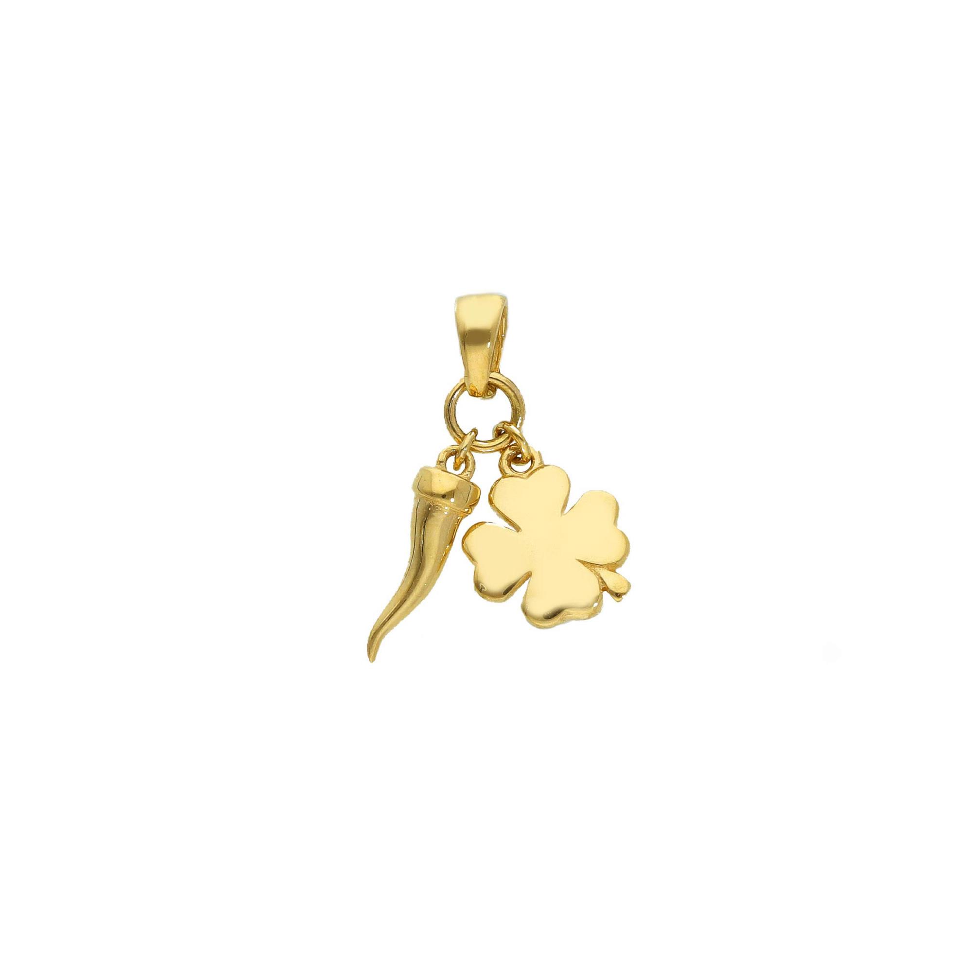 Yellow gold pendant with four-leaf clover and horn - ORO&CO