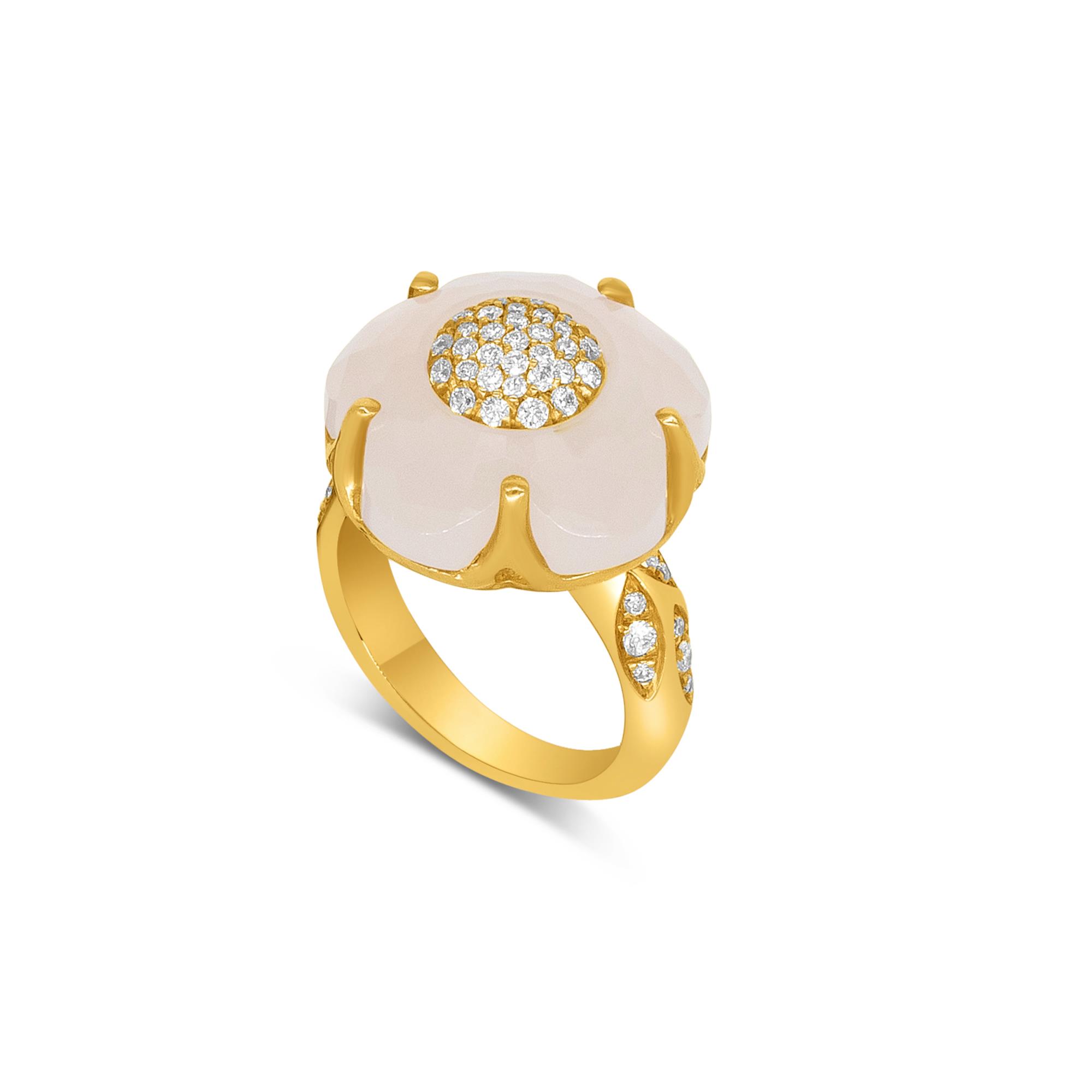 Bon Ton Classic flower ring in red gold with diamonds and white quartz - PASQUALE BRUNI