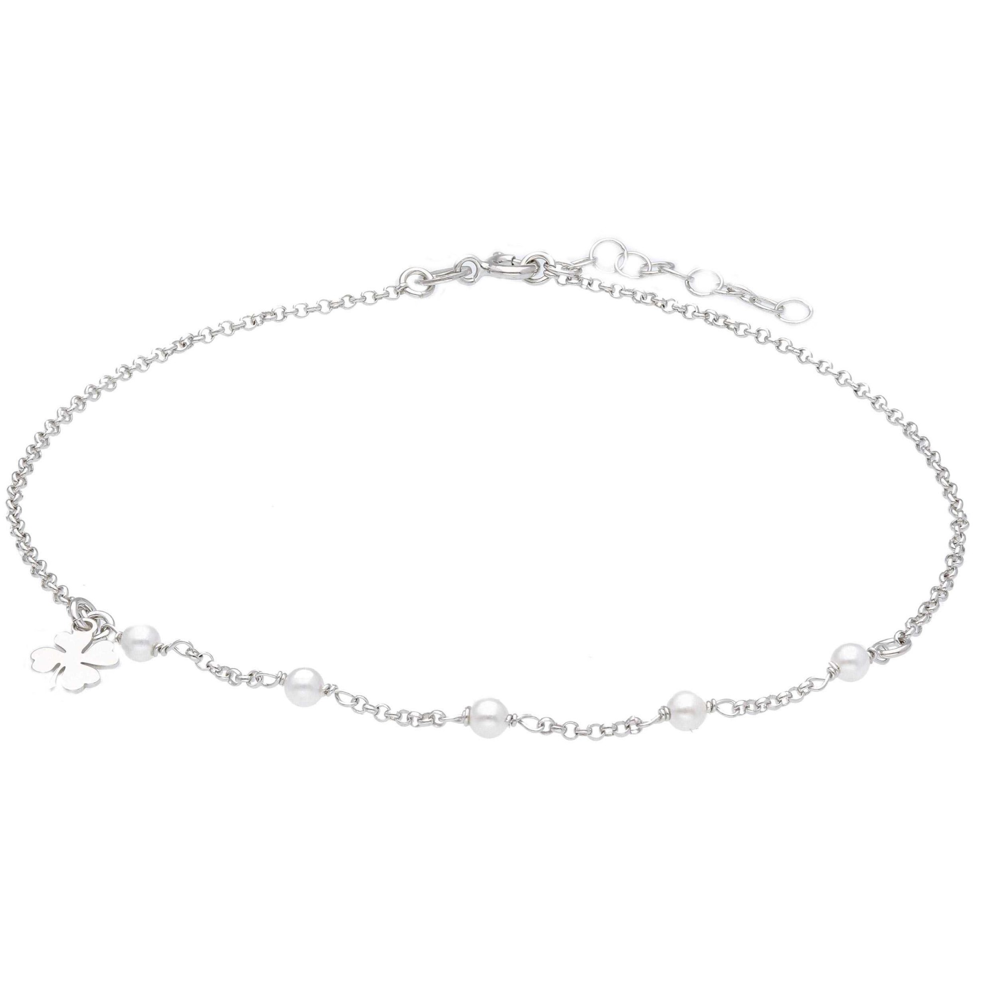 Tobillera de plata rodiada con perlas blancas y tr&eacute;bol ORO&CO 925 24 cm - ORO&CO 925