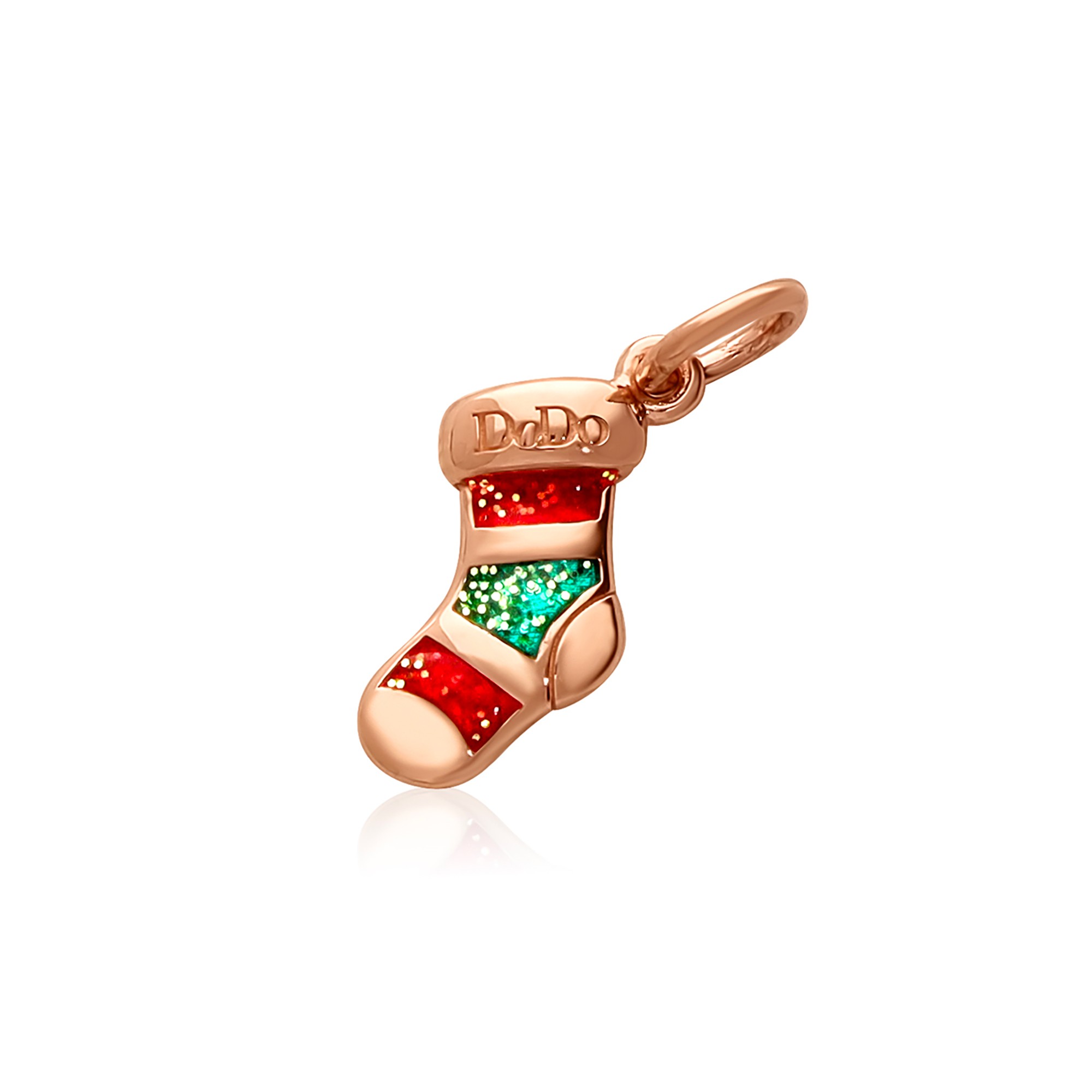 Ciondolo calza in oro rosa con smalto rosso e verde - DODO