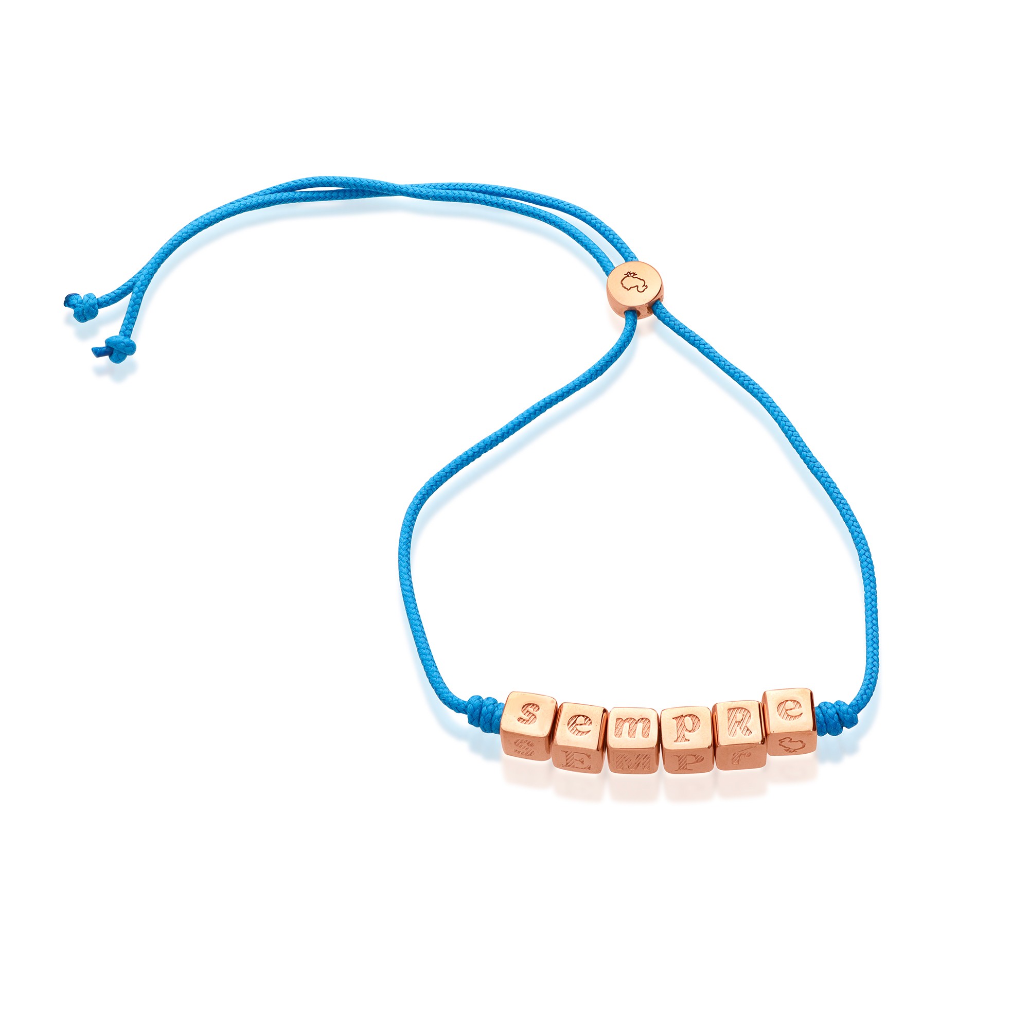 Bracciale con cordino azzurro e scritta “amore” in oro rosa - DODO