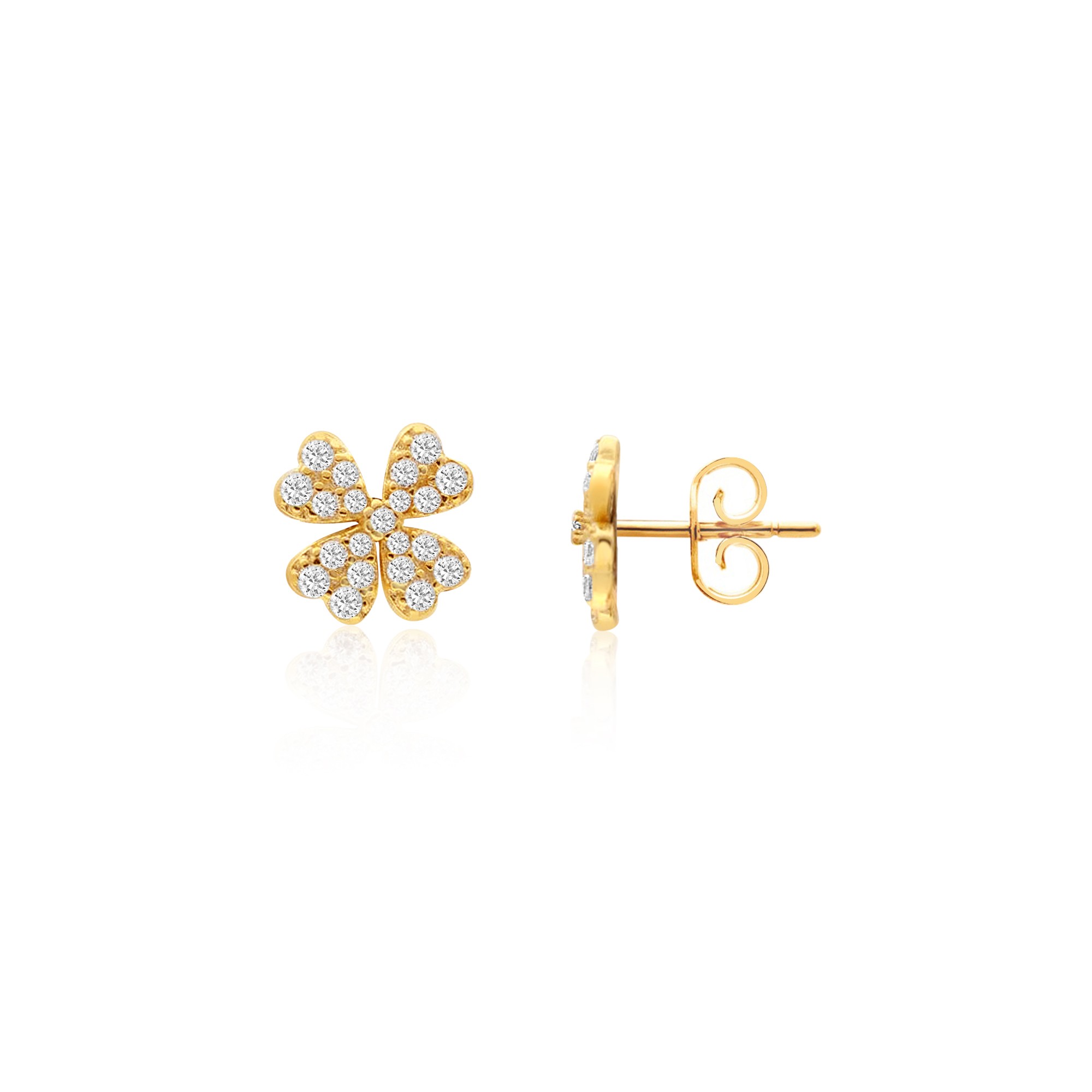 Pendientes bot&oacute;n tr&eacute;bol de cuatro hojas circonitas plata dorada 8 mm - LUXURY MILANO