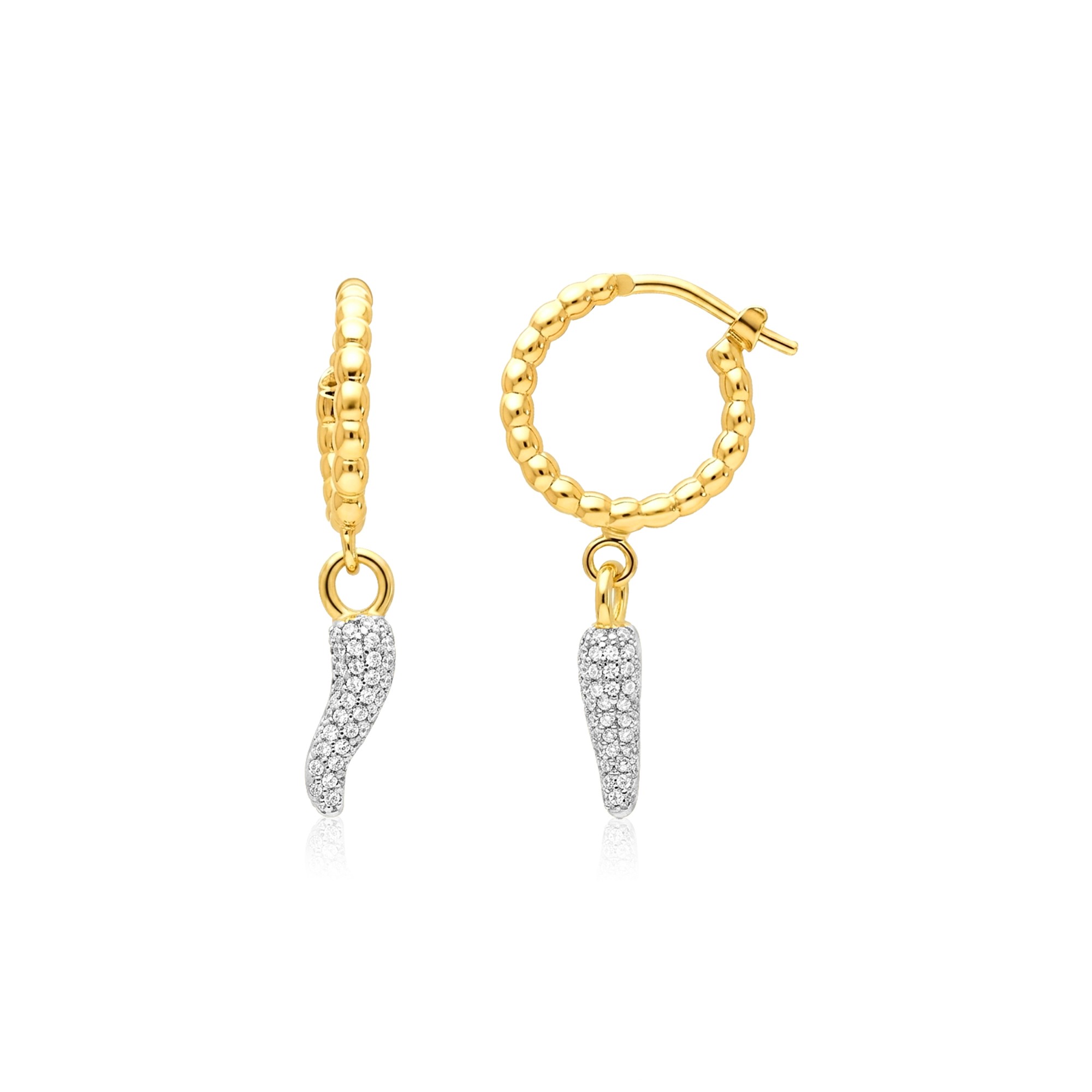 Pendientes de aro con bolitas y cuernos con circonitas en plata dorada - LUXURY MILANO