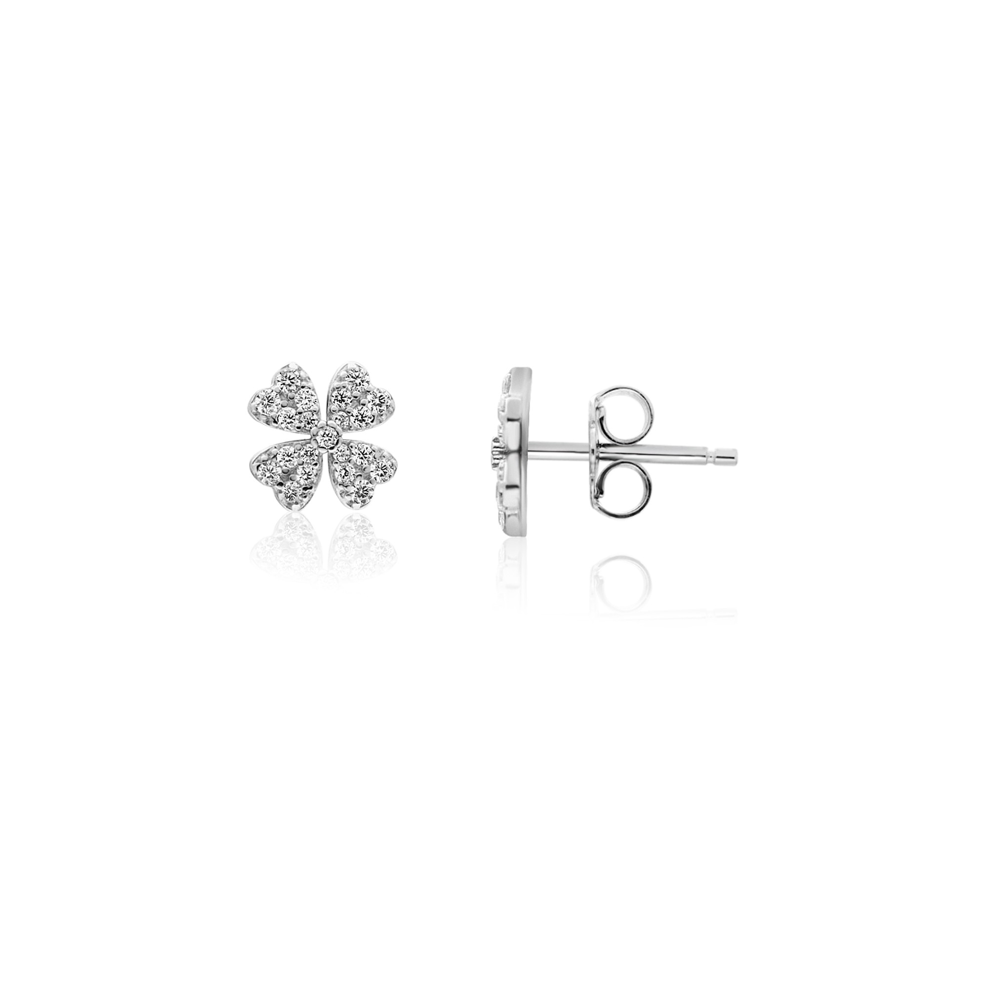 Pendientes bot&oacute;n tr&eacute;bol de cuatro hojas circonitas plata rodiada 8 mm - LUXURY MILANO