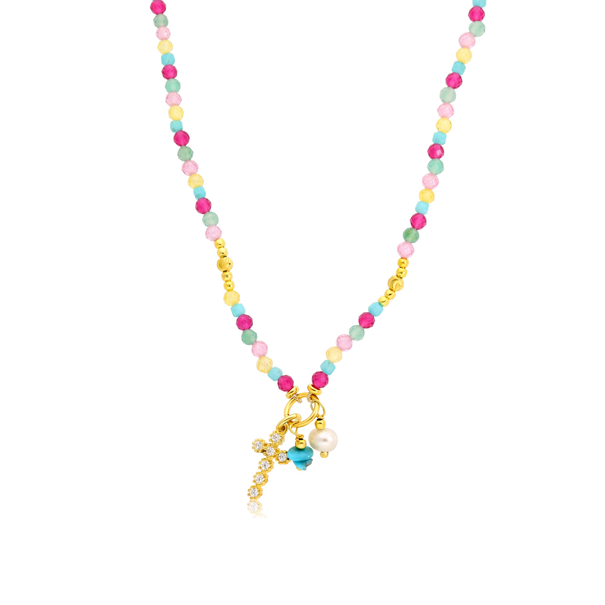 Collar multicolor con perla y turquesa en plata dorada - LUXURY MILANO