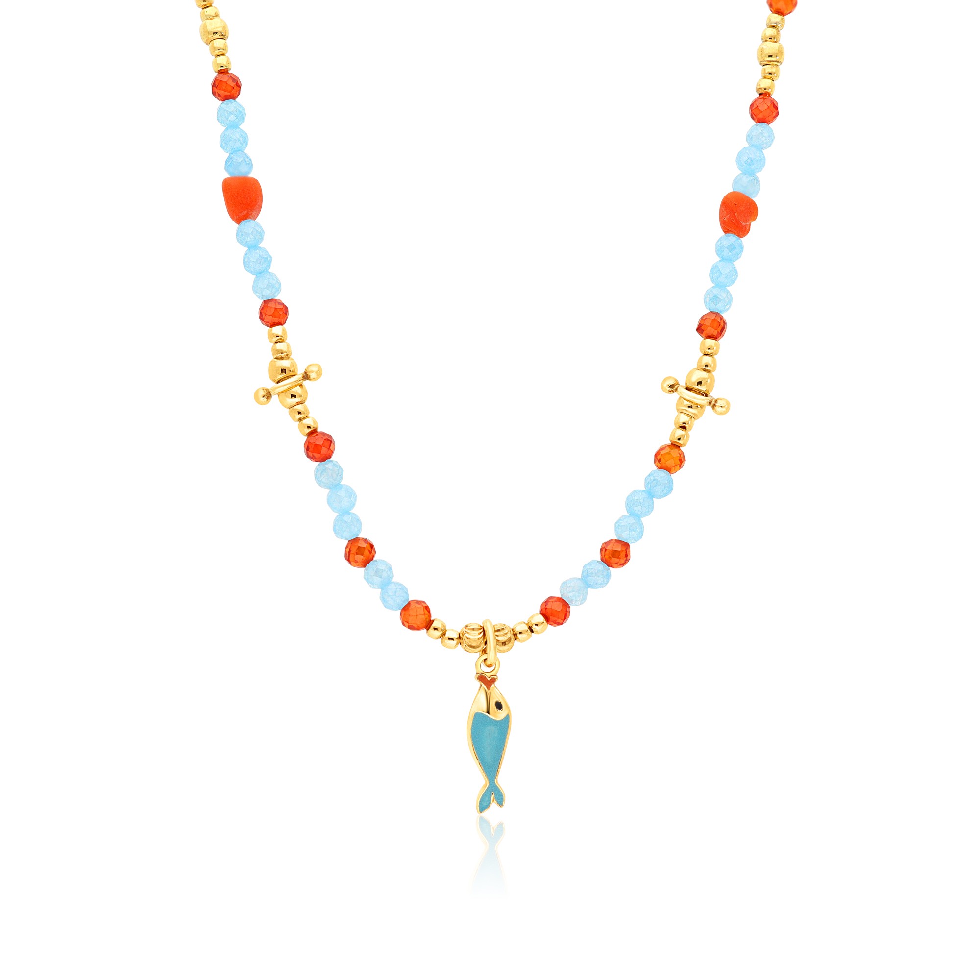 Collar de coral y espinela azul en plata dorada - LUXURY MILANO