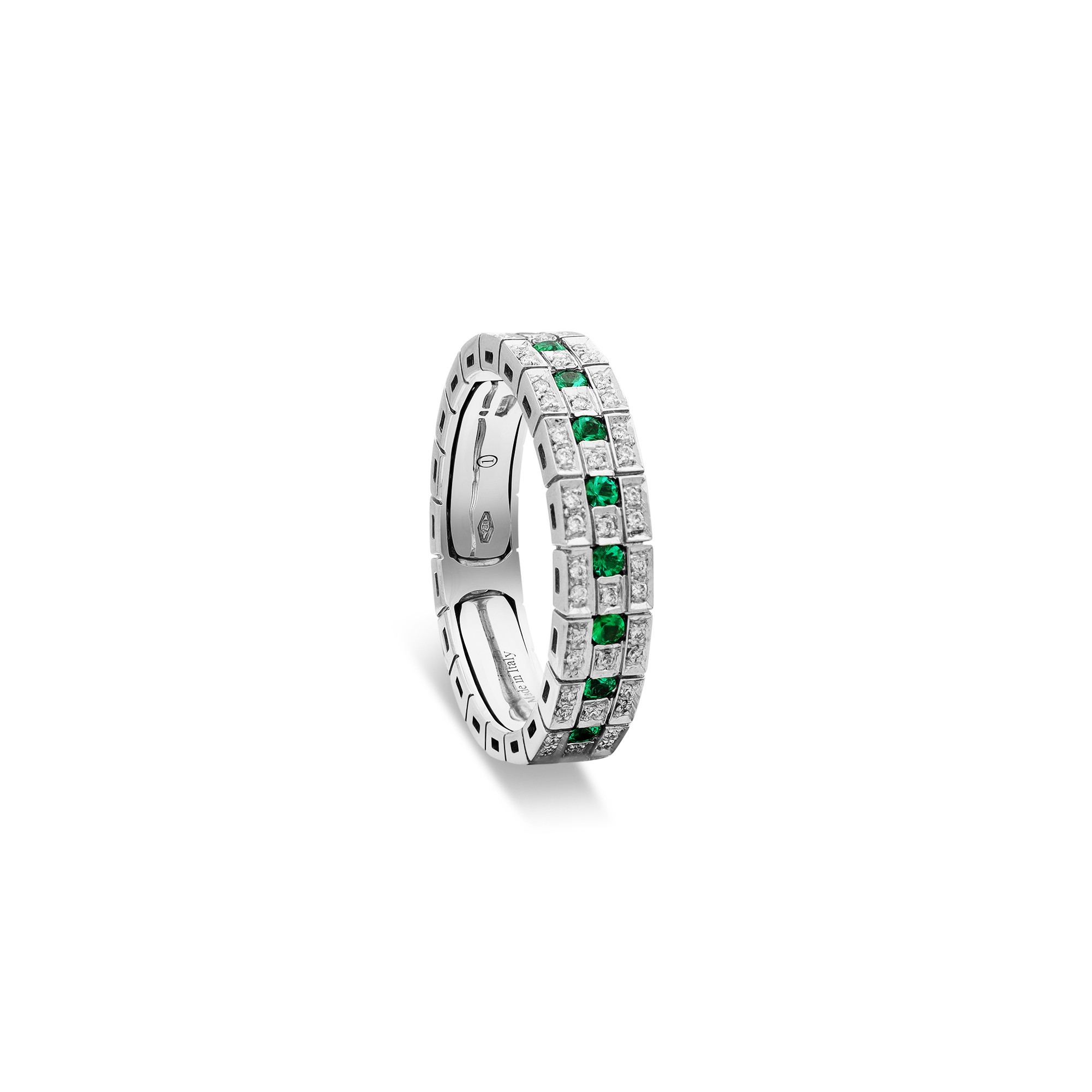 Damiani Belle Epoque pav&eacute; ring 18kt white gold diamonds 0.30ct emeralds 0.48ct size 17 - DAMIANI