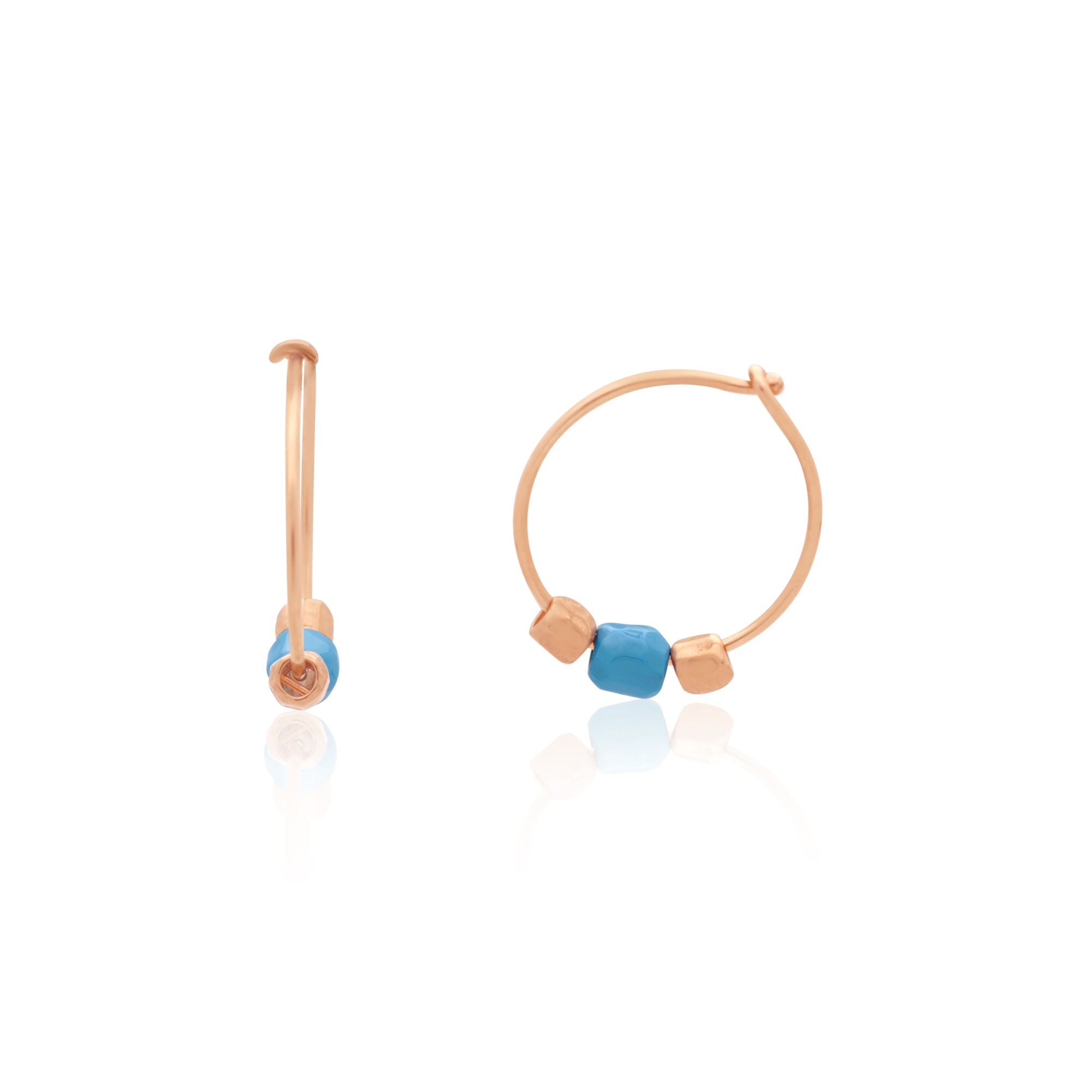 Pendientes de aro en oro rosa 9kt con mini granelli y cer&aacute;mica turquesa Dodo - DODO