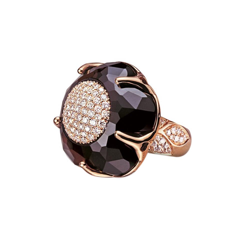 Bon Ton Classic flower ring in red gold with diamonds and smoky quartz - PASQUALE BRUNI