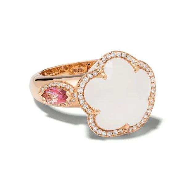Anello fiore Bon Ton in oro rosso con diamanti, quarzo bianco e topazio rosa - PASQUALE BRUNI