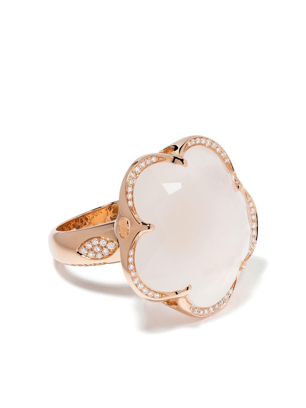 Bon Ton flower ring in red gold with white quartz and diamonds - PASQUALE BRUNI