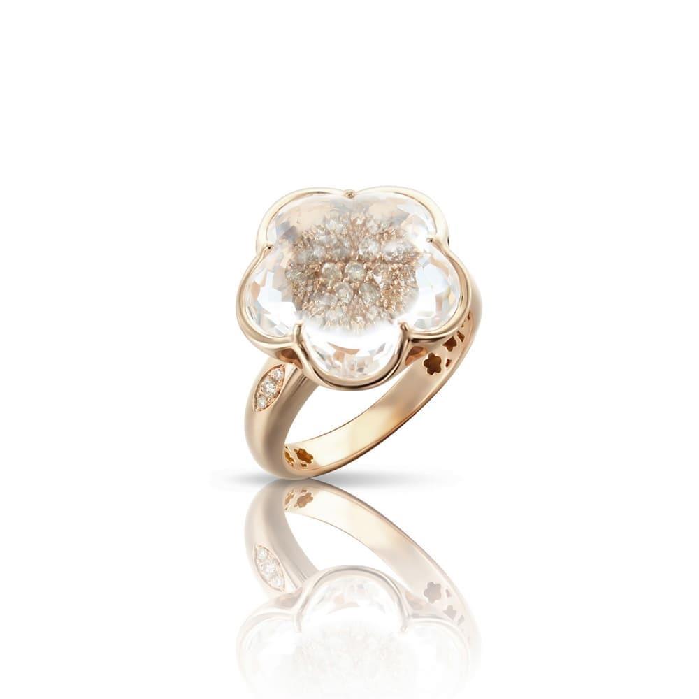 Bon Ton flower ring in red gold with rock crystal and diamonds - PASQUALE BRUNI