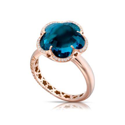 Bon Ton flower ring with London blue topaz and diamonds - PASQUALE BRUNI