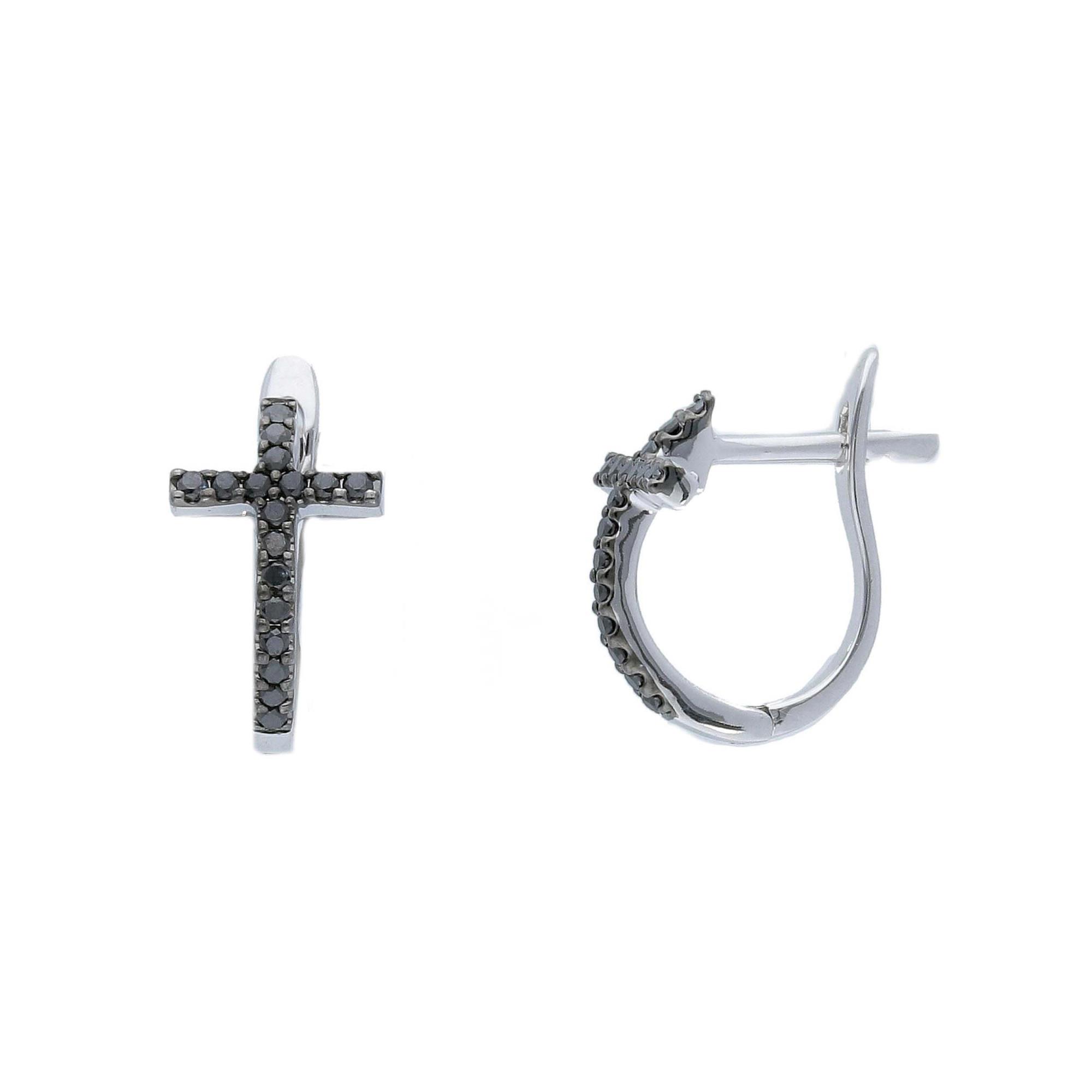 Mono cross hoop earring with black diamonds ct. 0.07 - ALFIERI & ST. JOHN